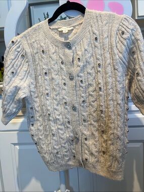 Embellished Cable-Knit Short Sleeve Cardigan - Light Gray